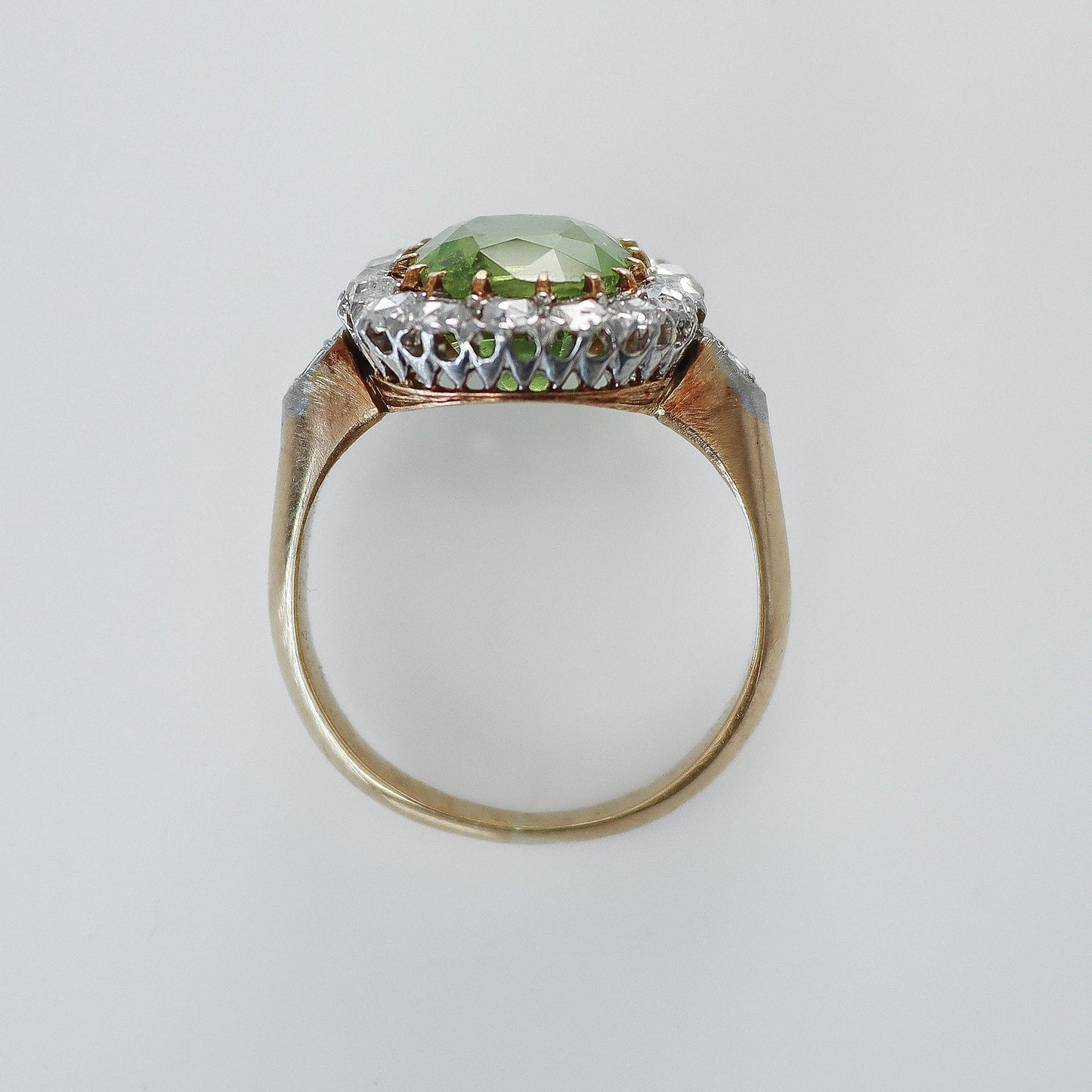 Edwardian 18ct Yellow Gold 2.5 Carat Peridot and Diamond Cluster Ring - Friar House