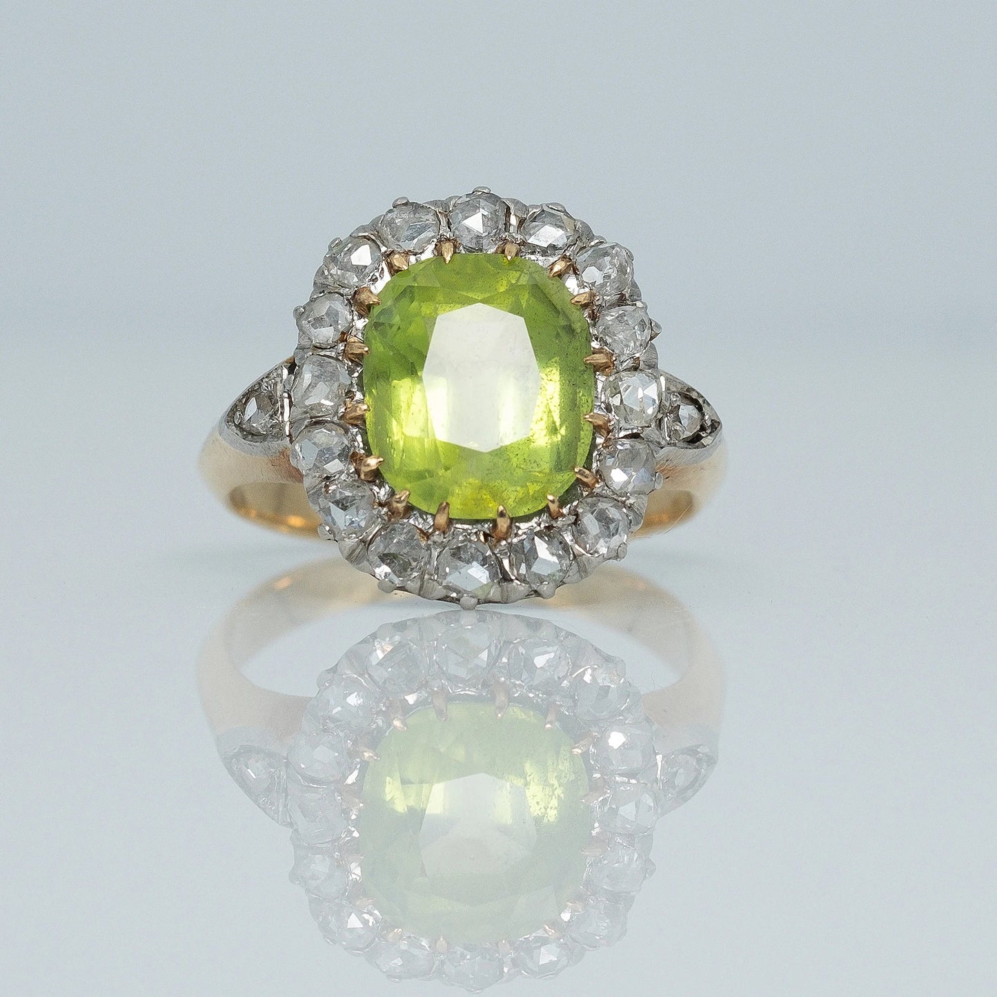 Edwardian 18ct Yellow Gold 2.5 Carat Peridot and Diamond Cluster Ring - Friar House