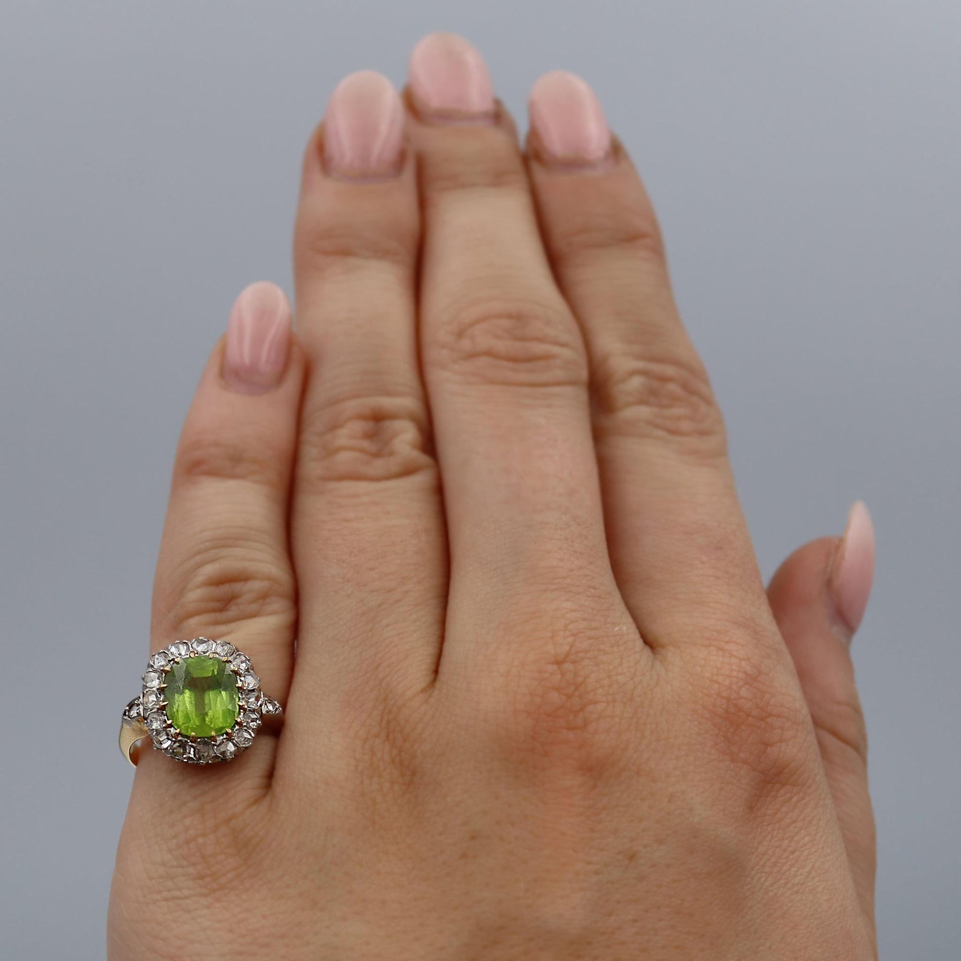 Edwardian 18ct Yellow Gold 2.5 Carat Peridot and Diamond Cluster Ring - Friar House