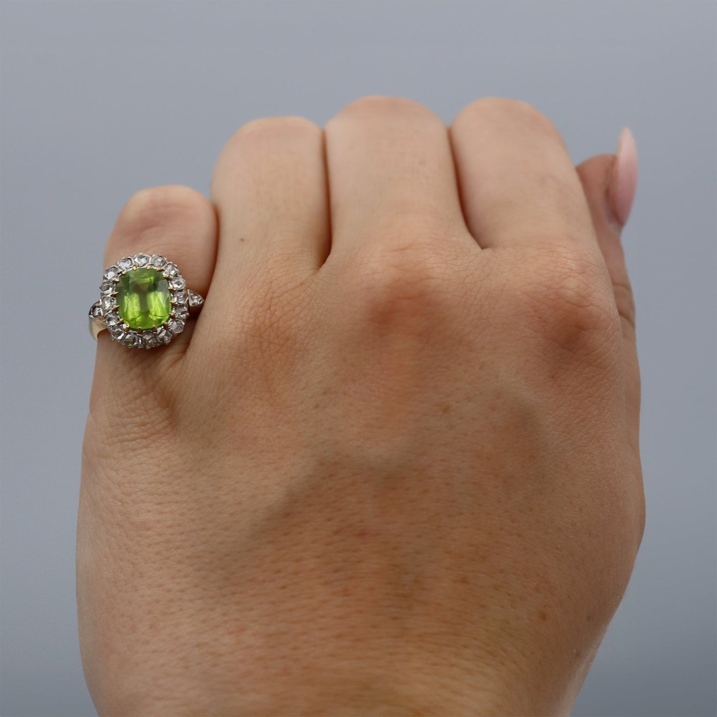 Edwardian 18ct Yellow Gold 2.5 Carat Peridot and Diamond Cluster Ring - Friar House