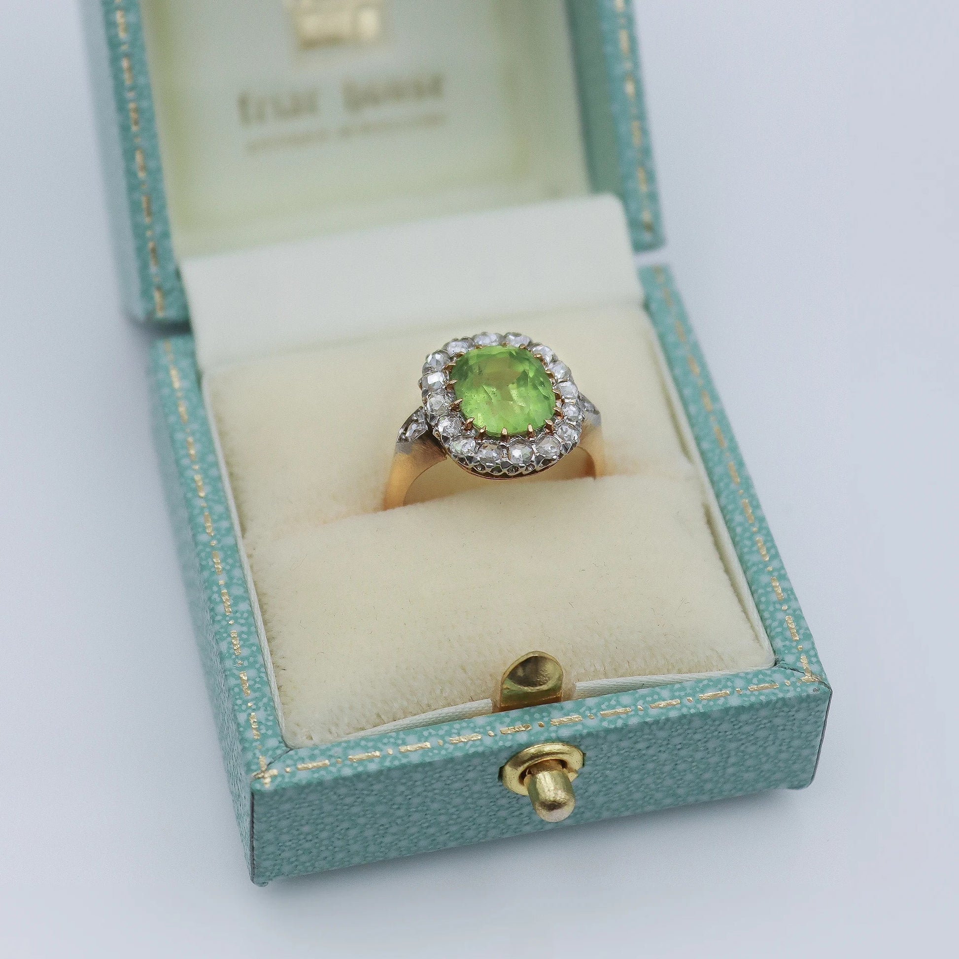 Edwardian 18ct Yellow Gold 2.5 Carat Peridot and Diamond Cluster Ring - Friar House