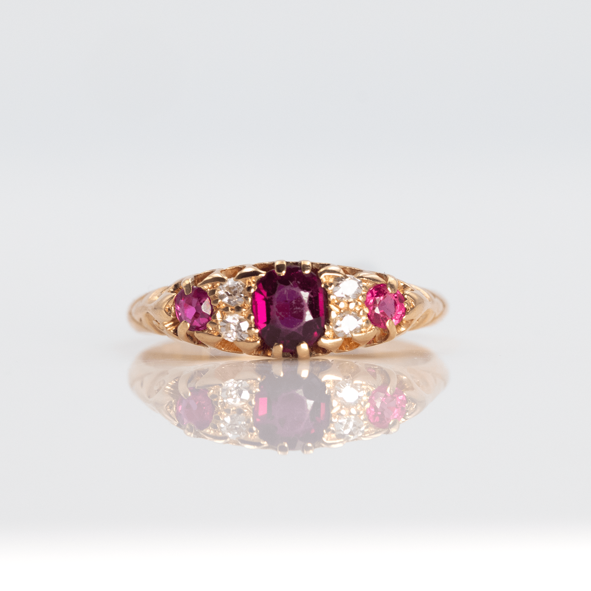 Edwardian 18ct Yellow Gold Ruby and Diamond Seven Stone Ring - Friar House