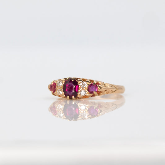 Edwardian 18ct Yellow Gold Ruby and Diamond Seven Stone Ring - Friar House