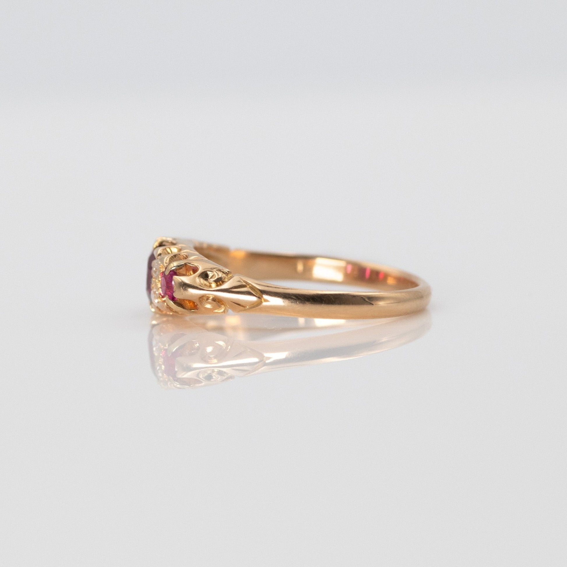 Edwardian 18ct Yellow Gold Ruby and Diamond Seven Stone Ring - Friar House