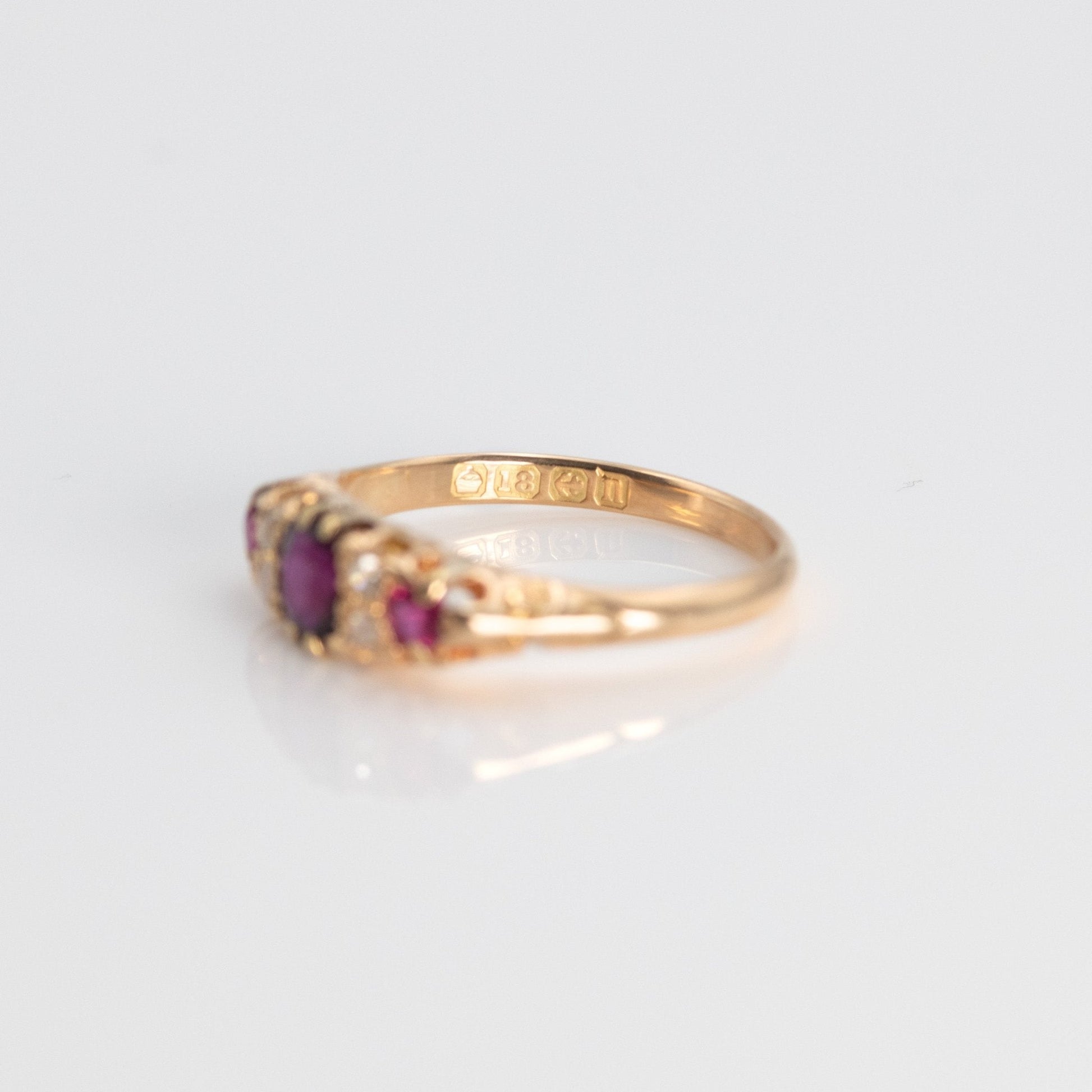 Edwardian 18ct Yellow Gold Ruby and Diamond Seven Stone Ring - Friar House