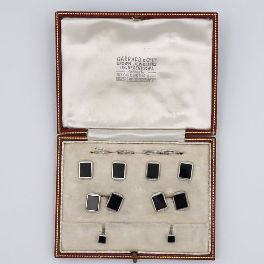 Gentlemans Art Deco Onyx White Gold Cufflinks Dress Set - Friar House