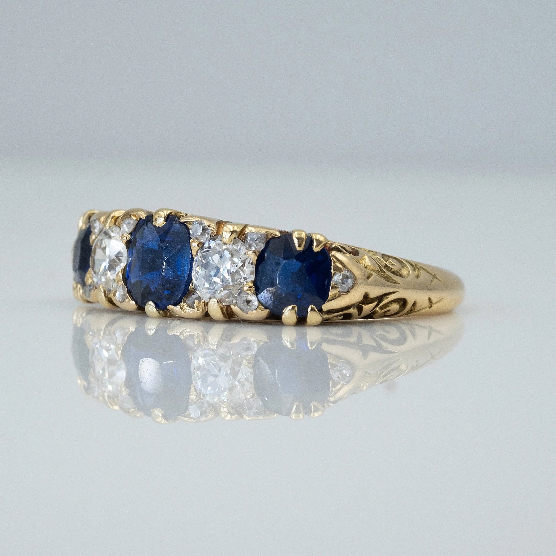 Victorian 18ct Yellow Gold Sapphire and Diamond Five Stone Ring - Friar House