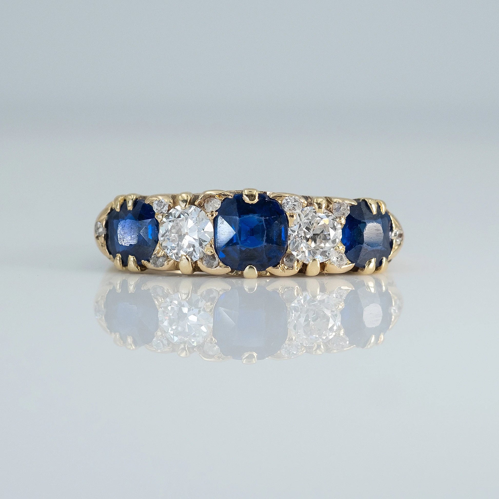 Victorian 18ct Yellow Gold Sapphire and Diamond Five Stone Ring - Friar House