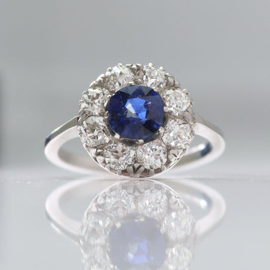 Vintage 18ct White Gold 1 carat Sapphire and Diamond Cluster Ring - Friar House