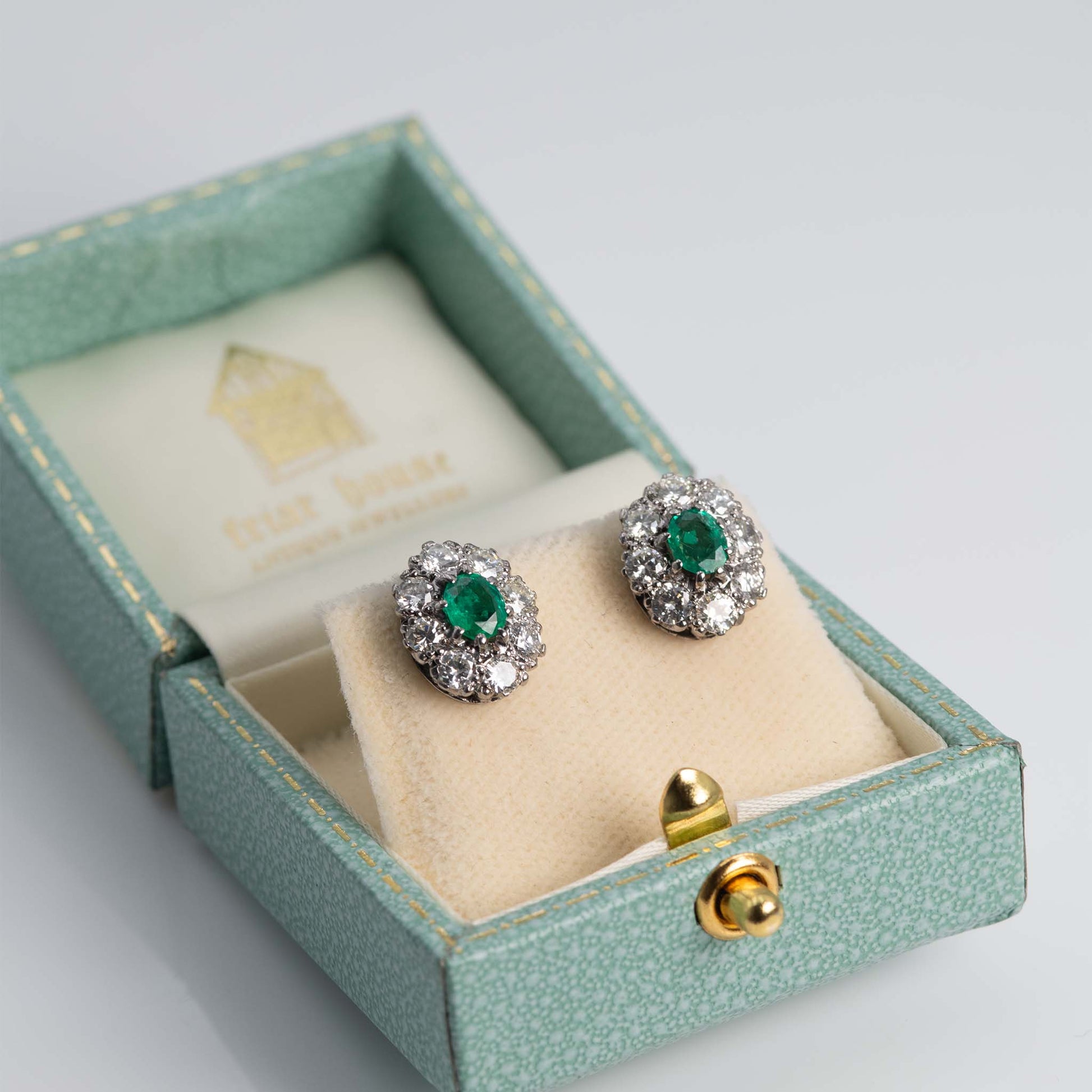 Vintage 18ct White Gold Emerald and Diamond Cluster Earrings - Friar House