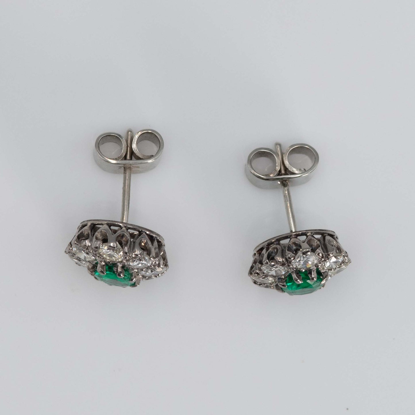 Vintage 18ct White Gold Emerald and Diamond Cluster Earrings - Friar House