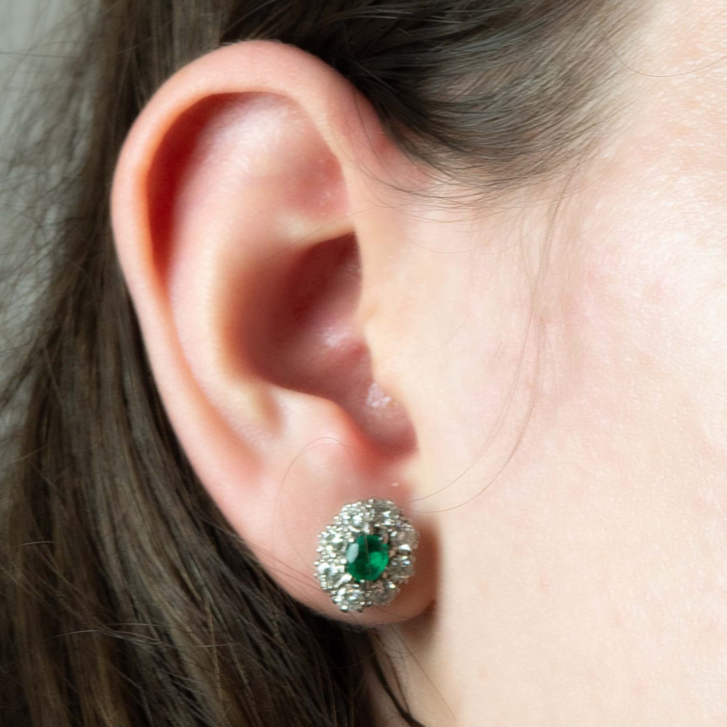 Vintage 18ct White Gold Emerald and Diamond Cluster Earrings - Friar House