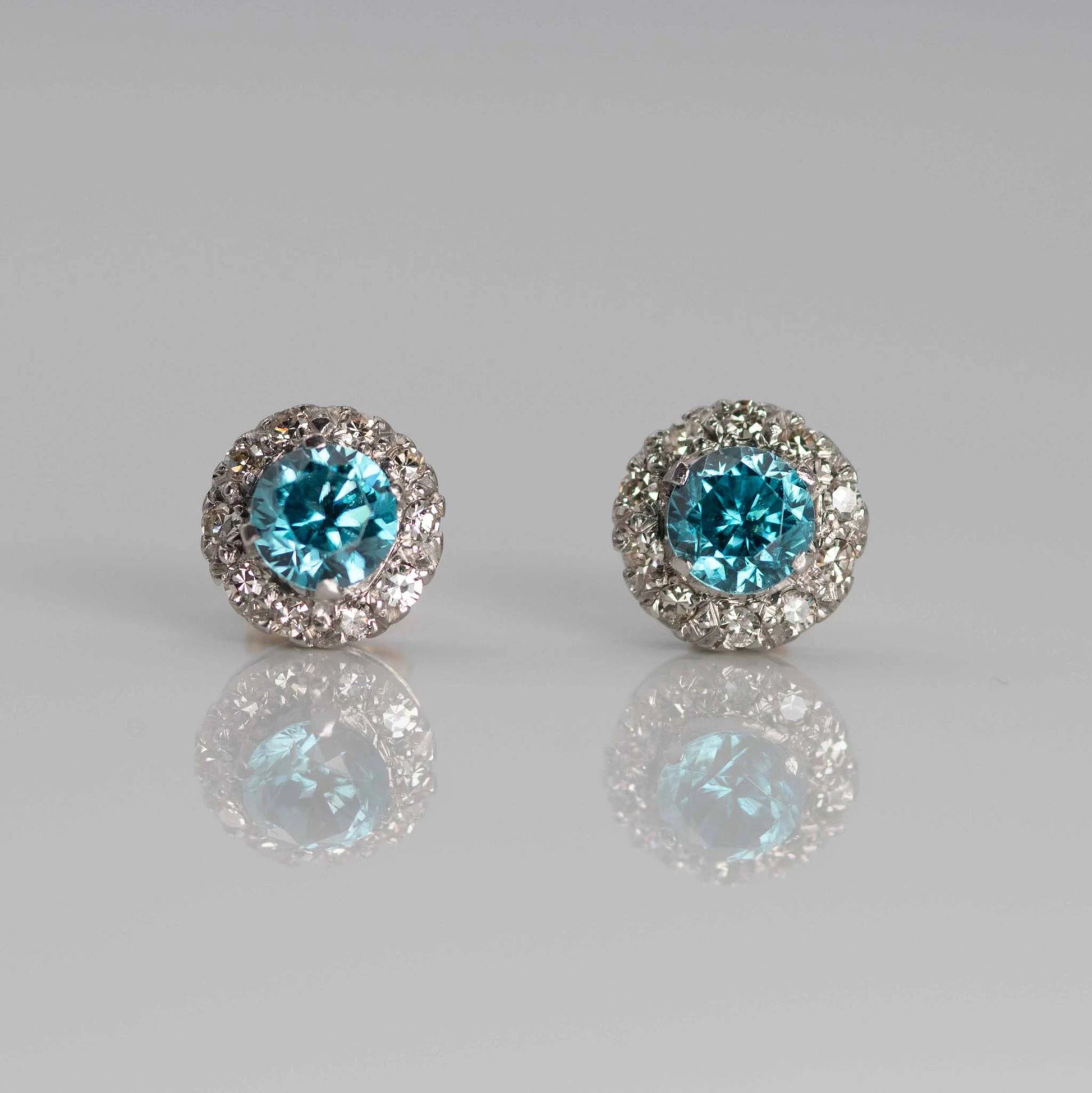 Vintage 1940's Platinum Blue Zircon and Diamond Cluster Earrings - Friar House