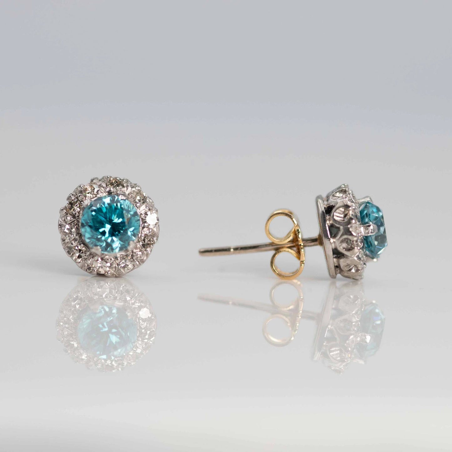 Vintage 1940's Platinum Blue Zircon and Diamond Cluster Earrings - Friar House