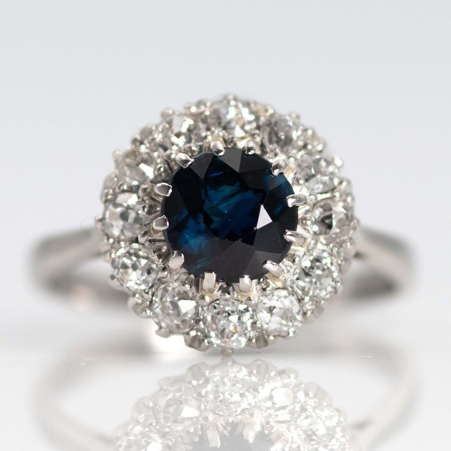 Vintage Platinum 1.10 Carat Sapphire and Diamond Cluster Ring - Friar House