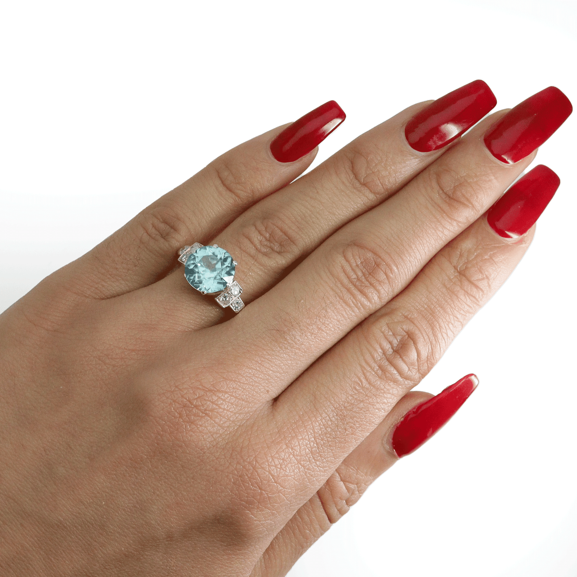 Art Deco Blue Zircon and Diamond Solitaire Ring - Friar House