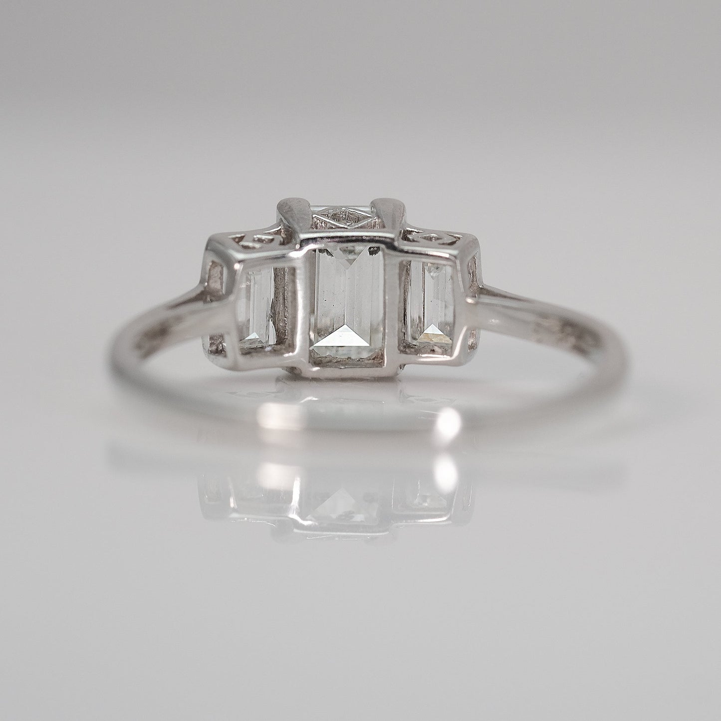 Art Deco Emerald Cut Diamond three stone Engagement Ring - Friar House