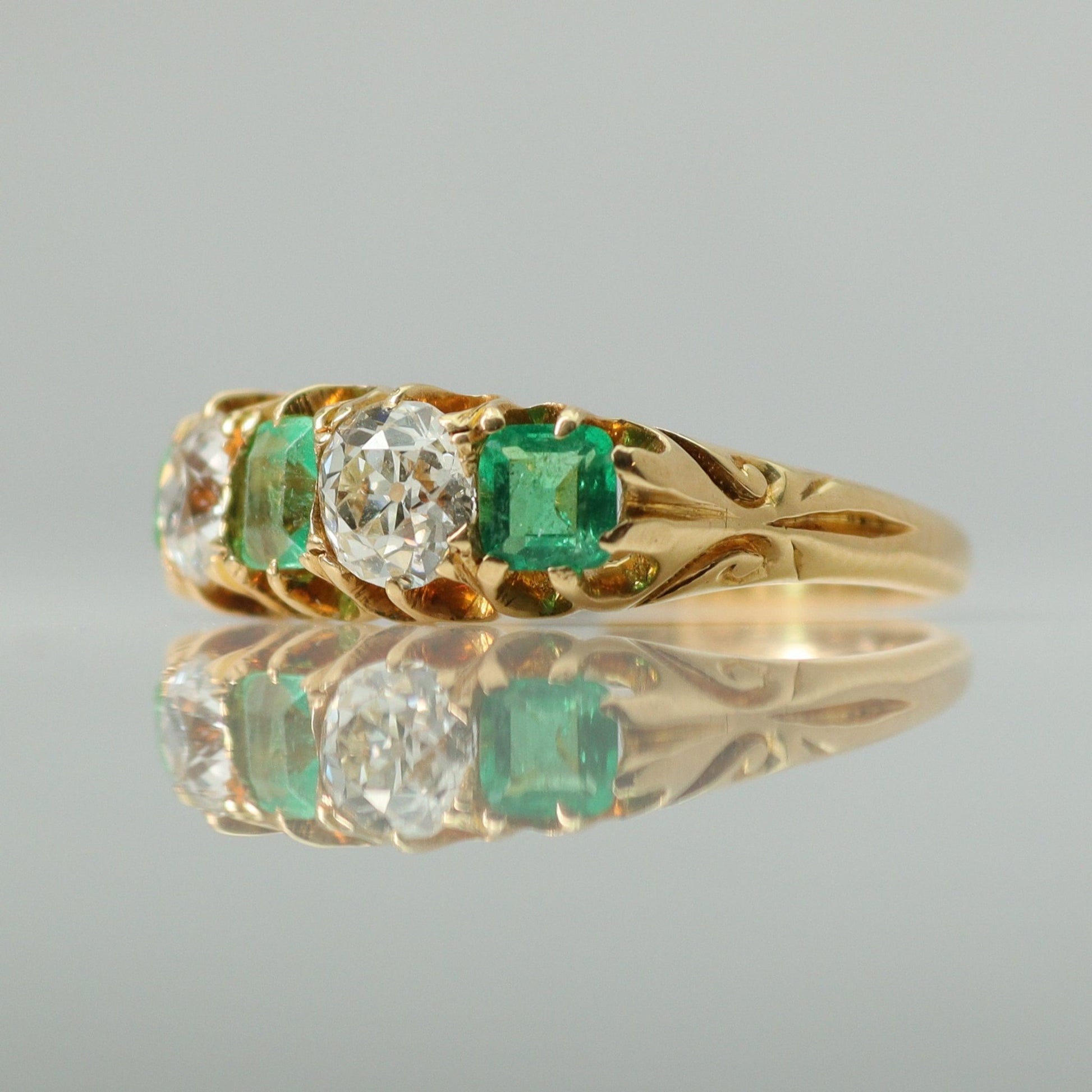 Art Deco Five Stone Emerald and Diamond Ring - Friar House