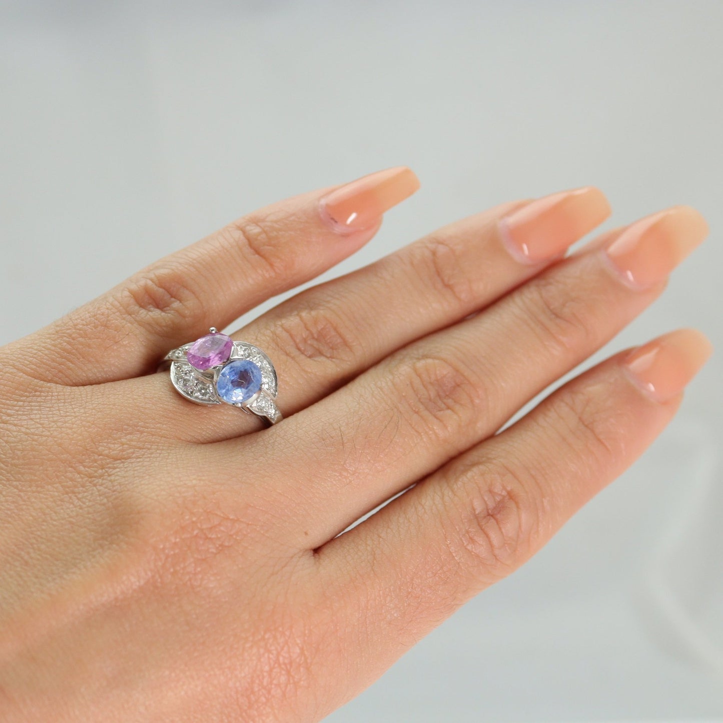 Pink and Blue Sapphire Two Stone Crossover Ring - Friar House