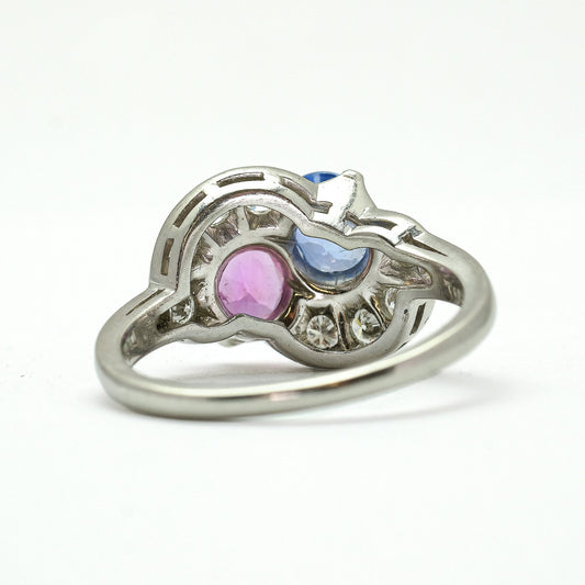 Pink and Blue Sapphire Two Stone Crossover Ring - Friar House